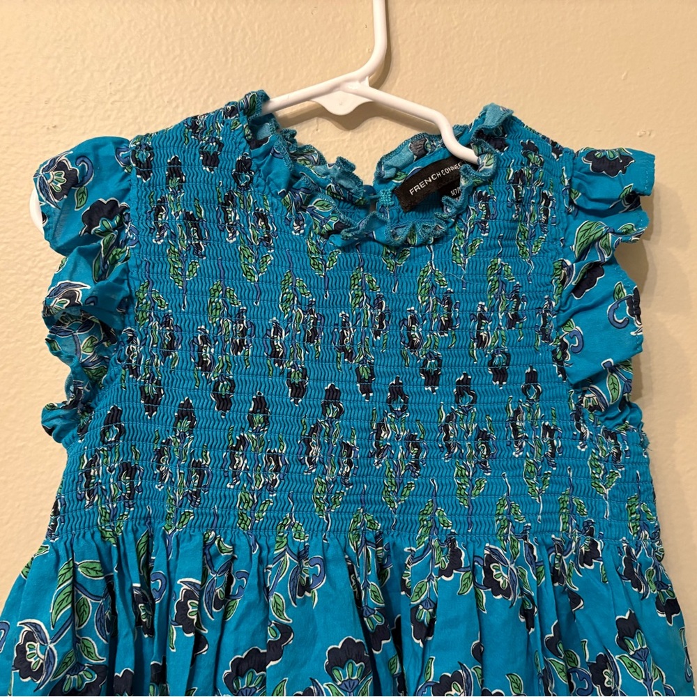 French Connection Smocked Floral Blue Green Flutter Sleeve Dress Girls Size 7/8 - Picture 3 of 8